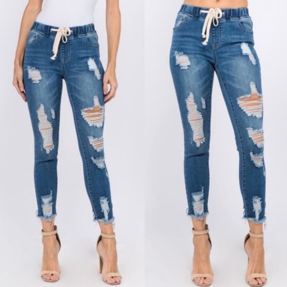 Plus Dark Wash Denim Distressed Skinny Joggers - Picture 2 of 6